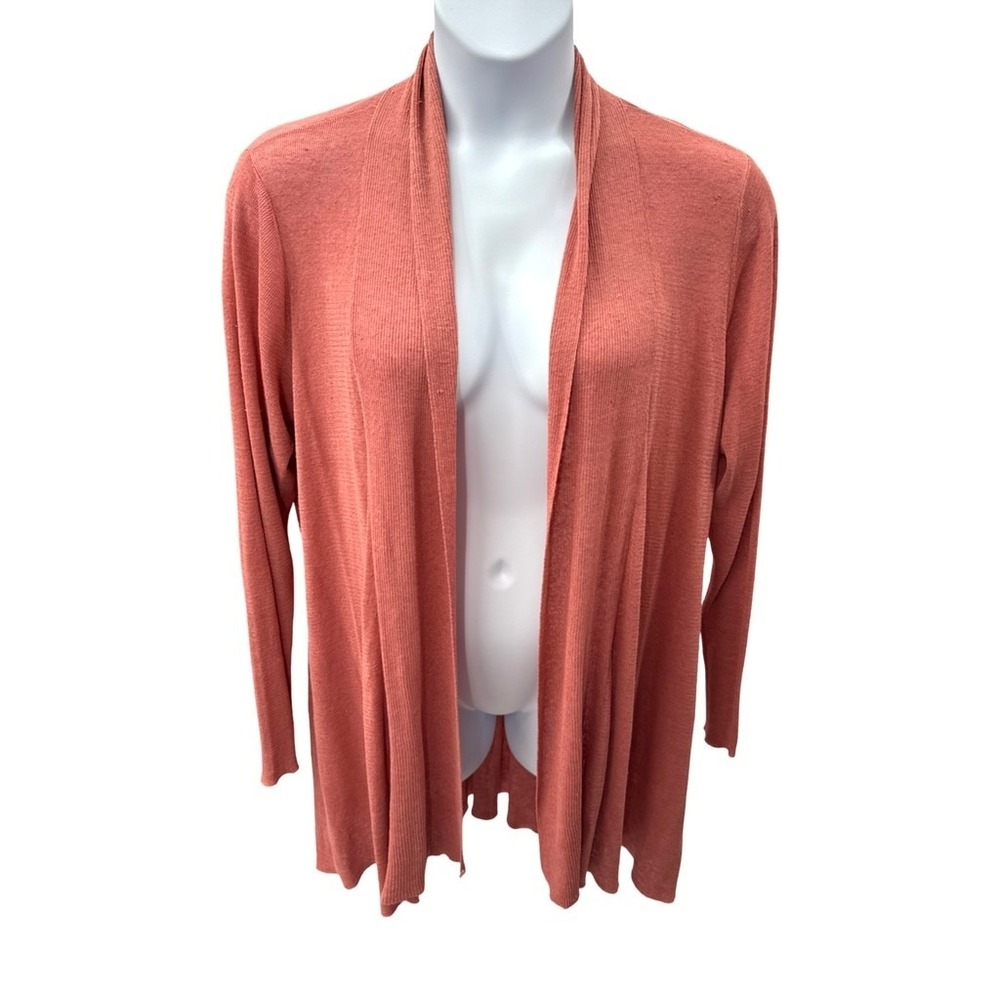 Eileen Fisher Organic Linen Cardigan Sweater Coral Open Front Waterfall Women 2X